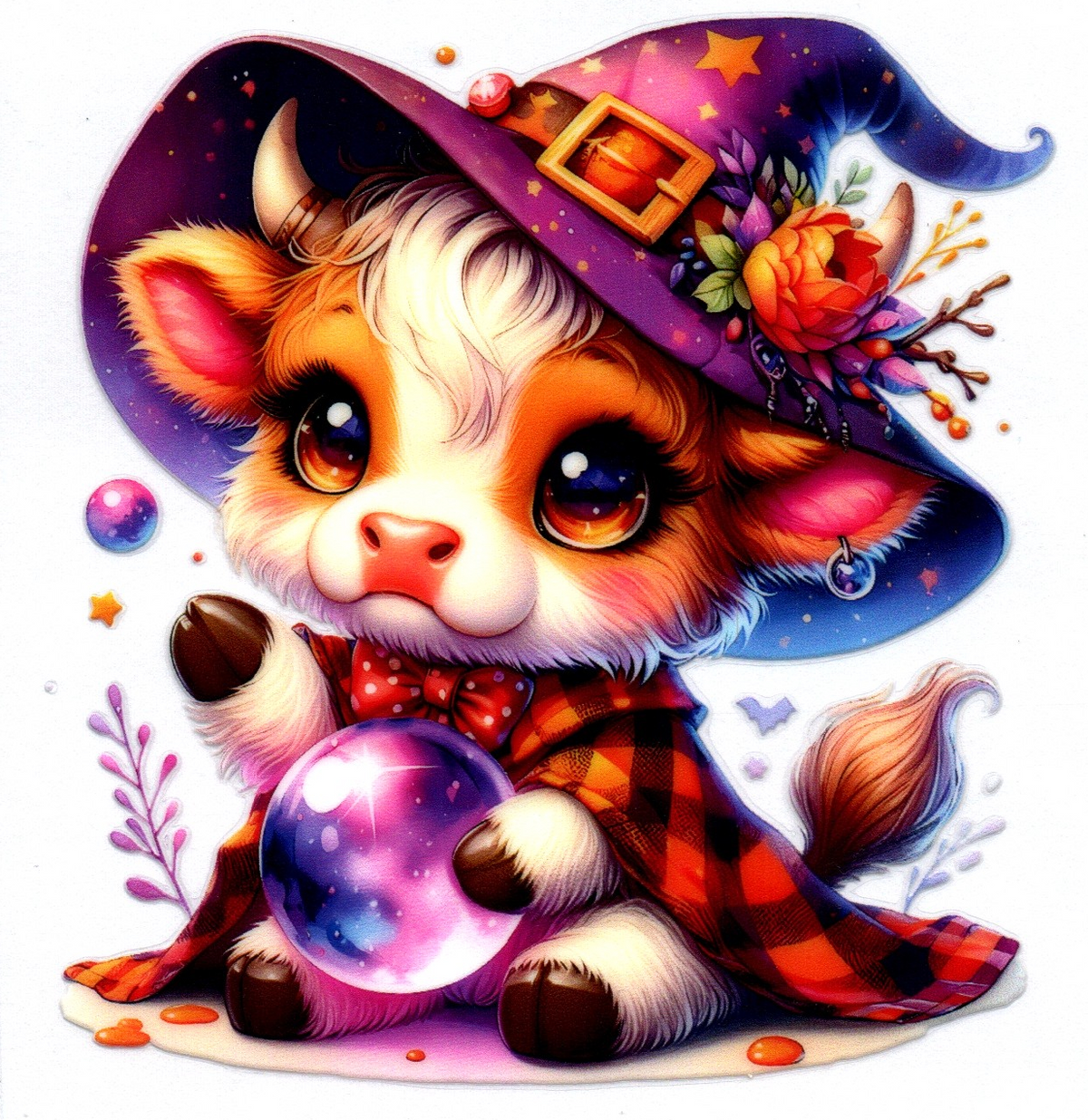 Cow in red plaid jacket w/purple witch hat Misc. Single Decal 10