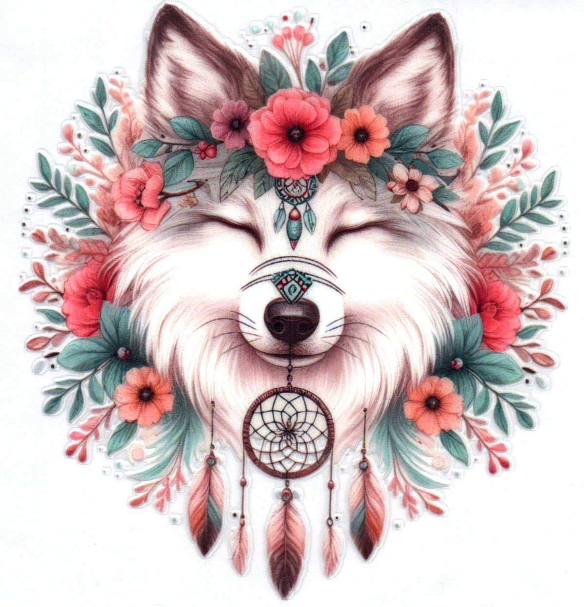 White/Gray wolf w/dream catcher Single Decal 10