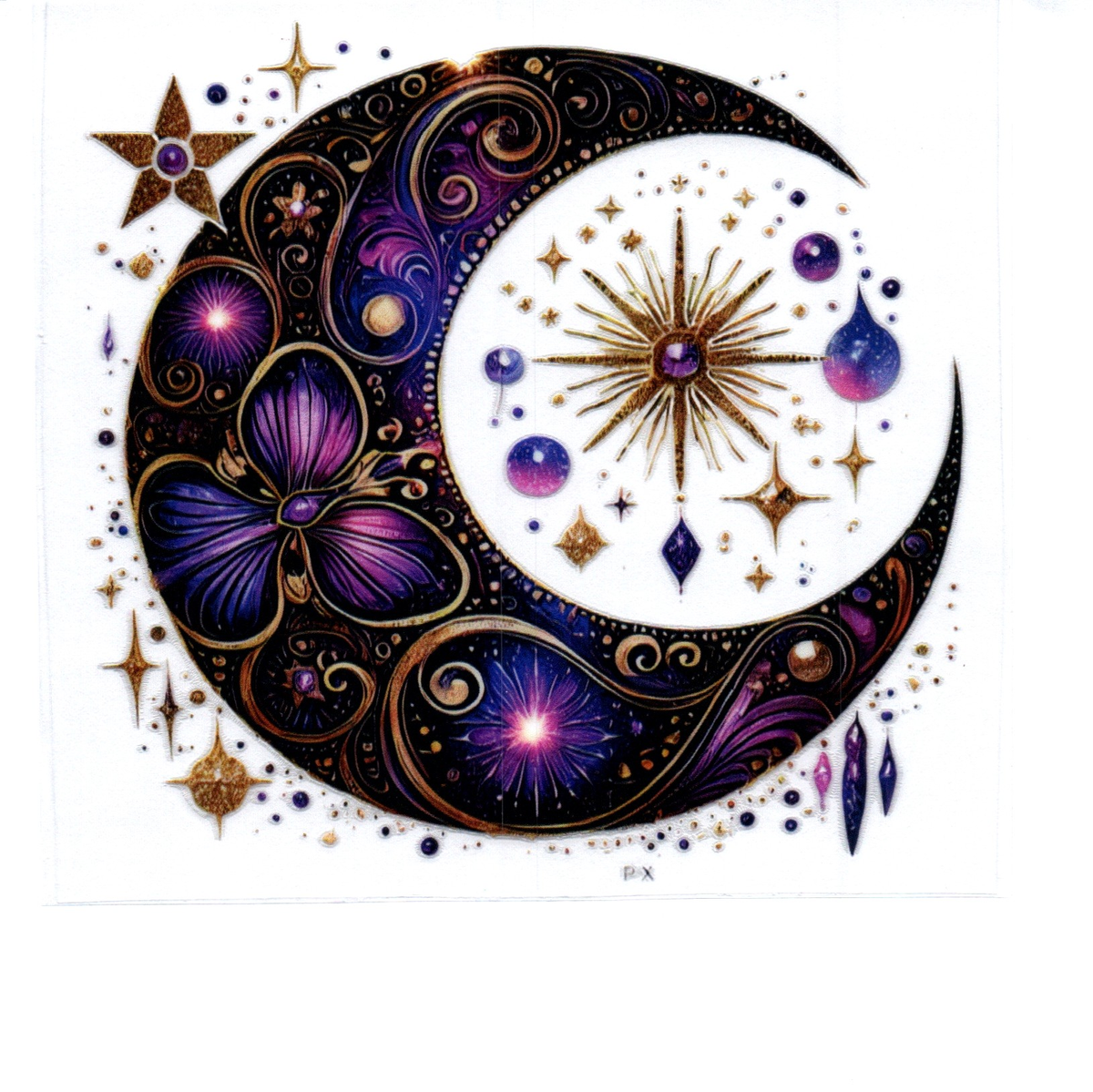 Black moon with swirl scroll work and purple butterfly Single Decal 105