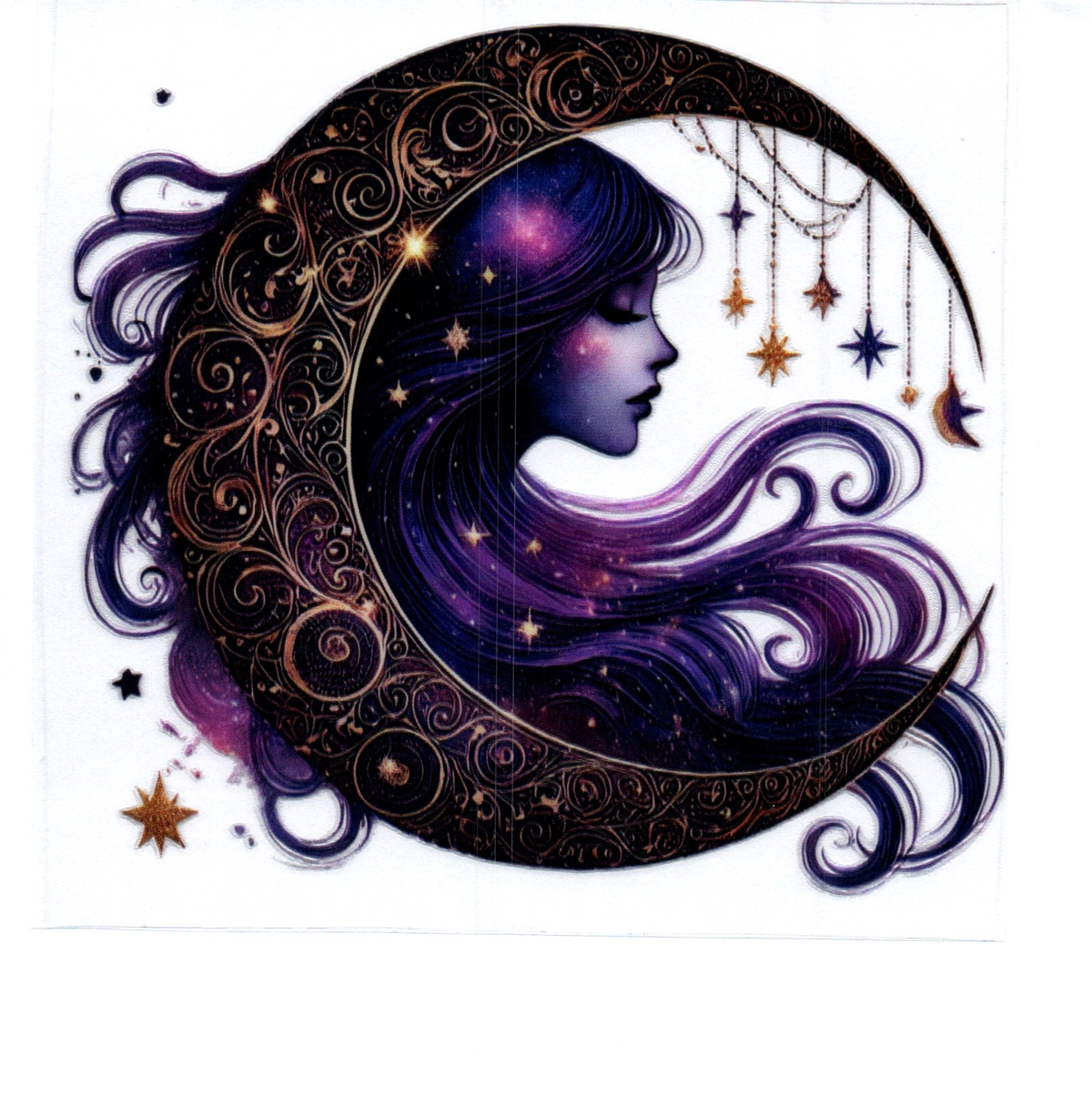 Black moon gold swirls dk hair girl hanging stars Single Decal 107