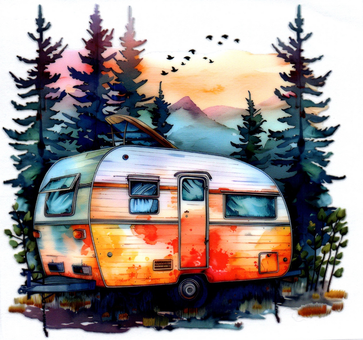 Camper in woods with mountain view Misc. Single Decal 108
