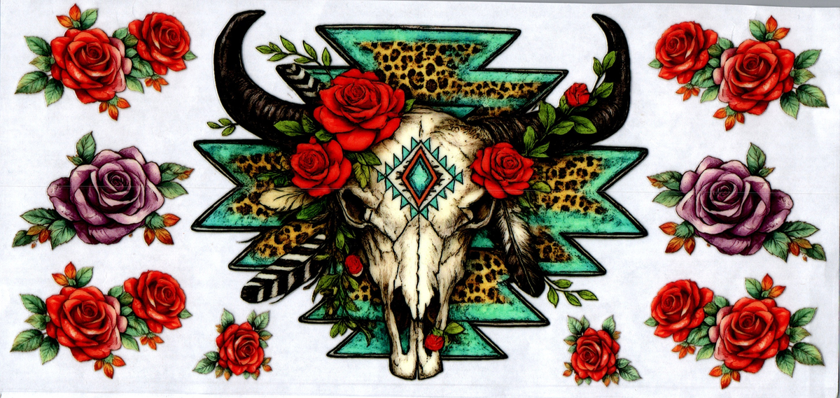 16oz longhorn skull red roses teal cheetah back 109