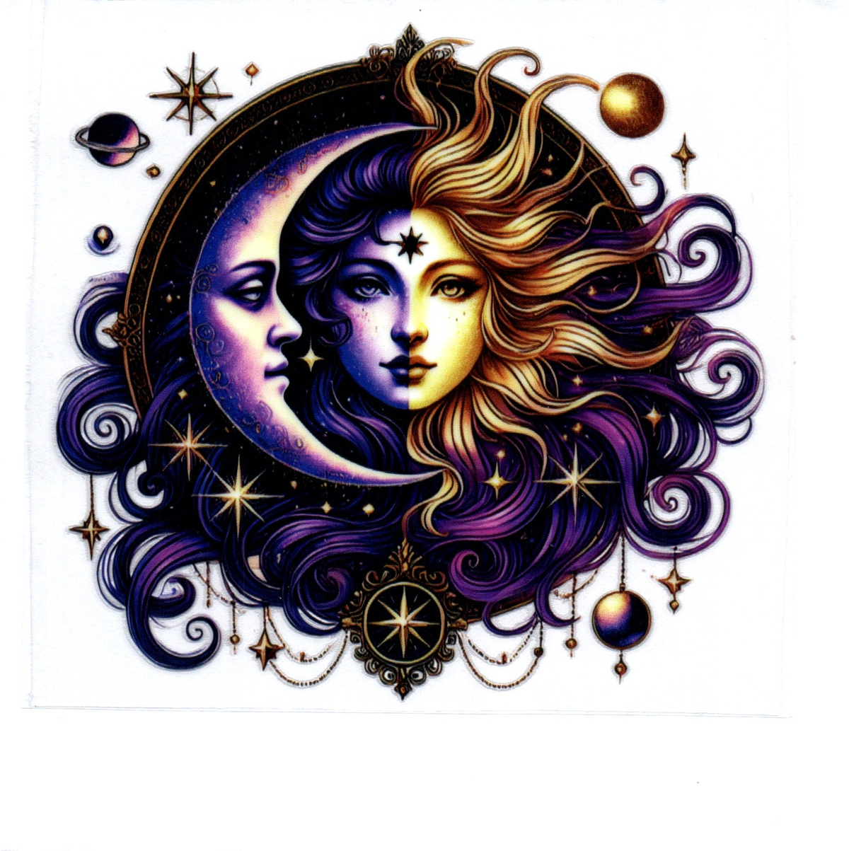 White crescent moon half black, half gold hair awake Single Decal 110
