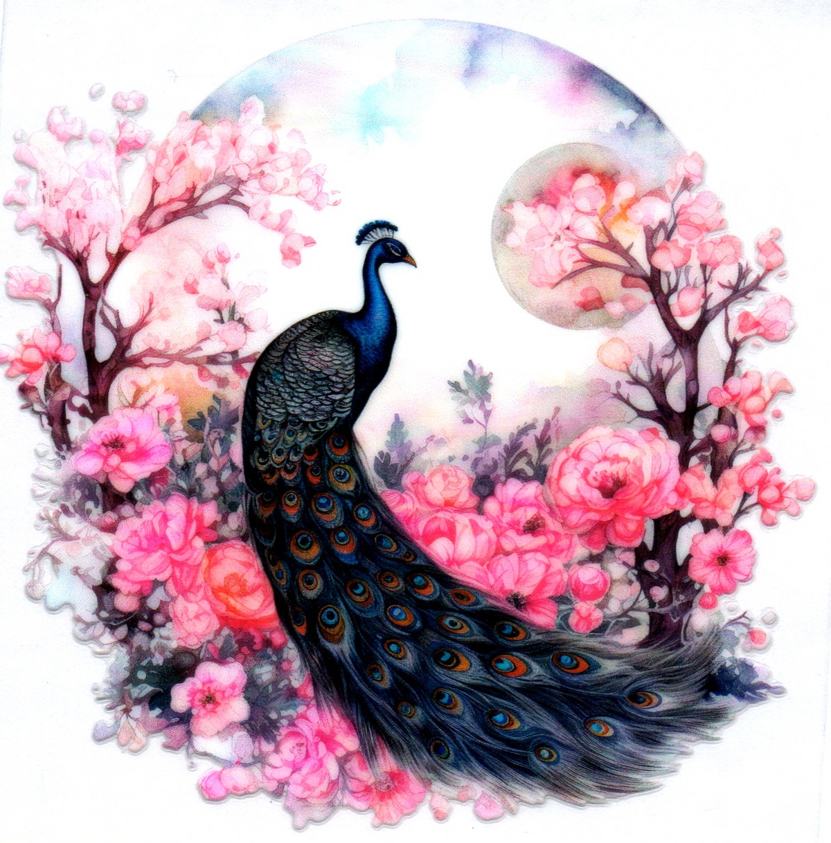 Black Peacock w/pink flowers 11 Single Decal