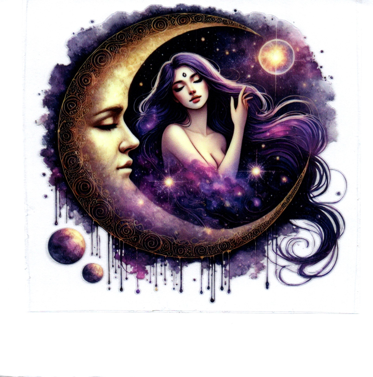 Gold purple moon dk hair girl in clouds Single Decal 114