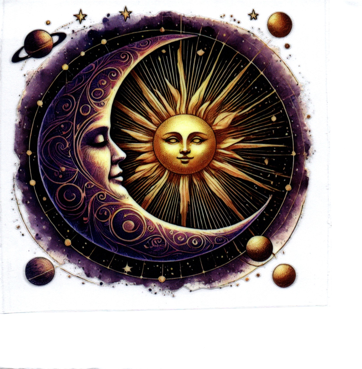 Golden moon with swirls gold sun long rays Single Decal 115