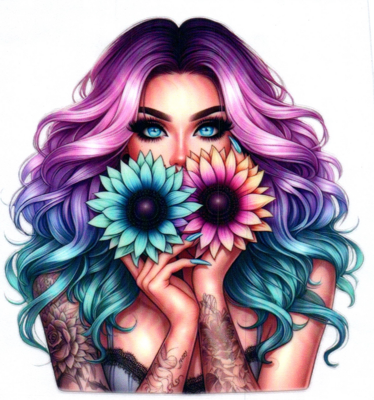 Tattooed Girl with colored sunflowers Misc. Single Decal 117
