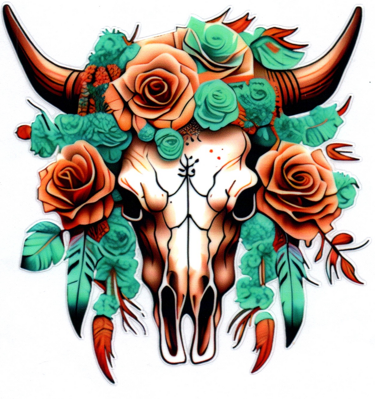 Western Cow Skull with orange and teal flowers Misc. Single Decal 121