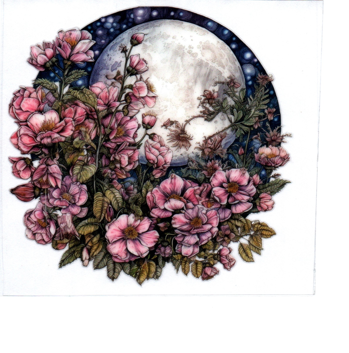 moon small pink flowers green leaves Single Decal 125