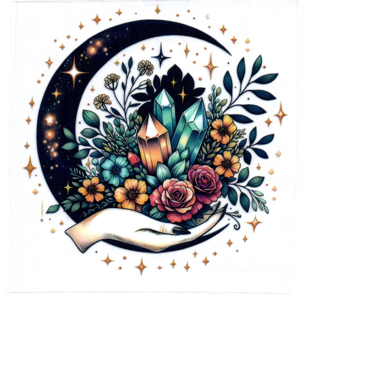 black moon gold stars hand hold flowers crystals Single Decal 128