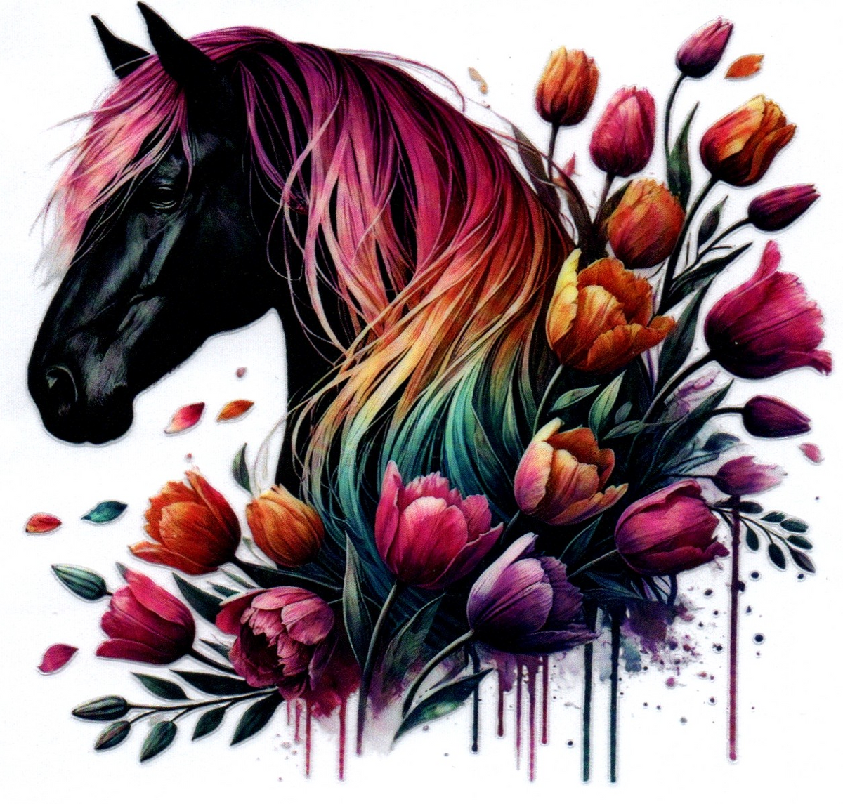 Black Horse Rainbow Hair and flowers Single Decal 12