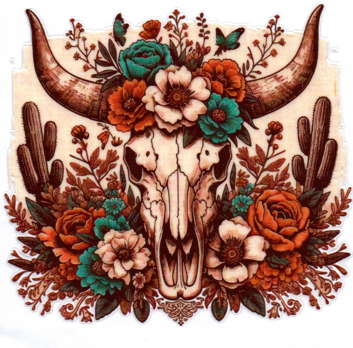 Cow skull w/red white teal flowers Misc. Single Decal 129