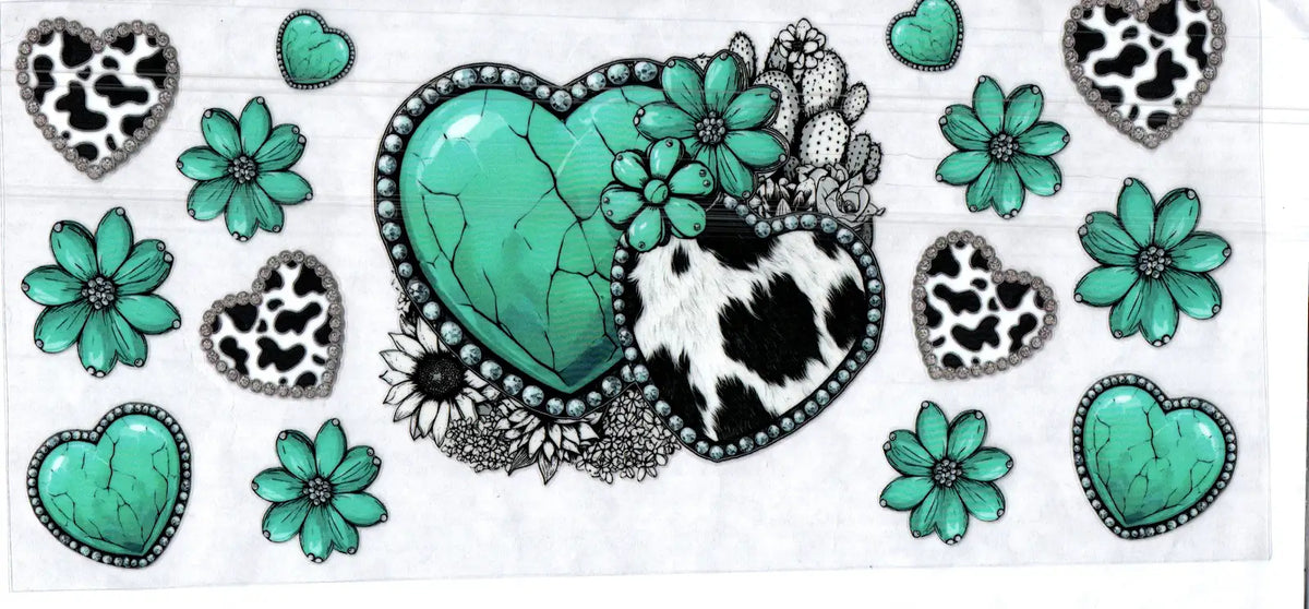 16 oz teal & cow print hearts misc 130