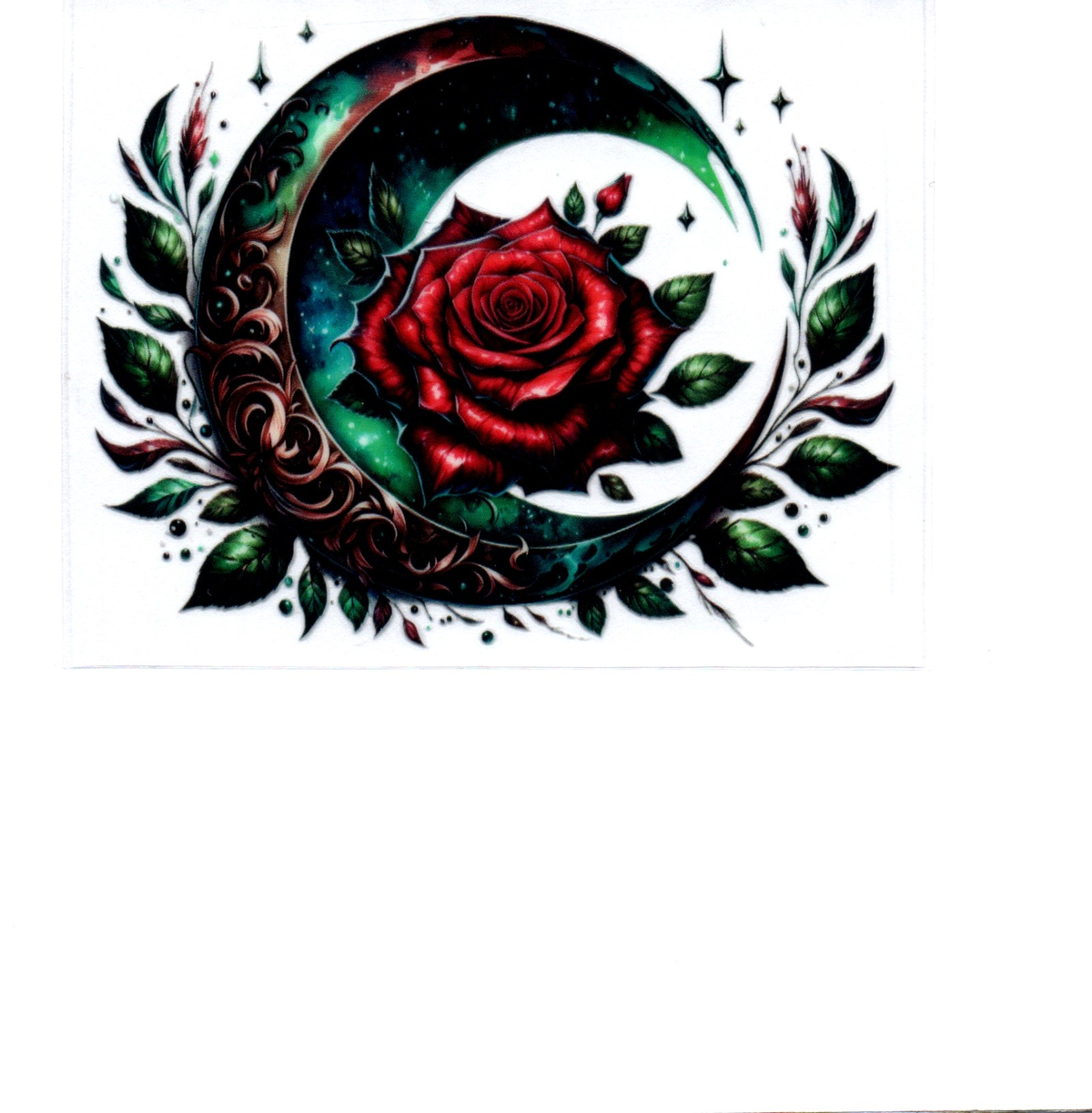 shiny steel brown green black moon red rose green leaves Single Decal 133