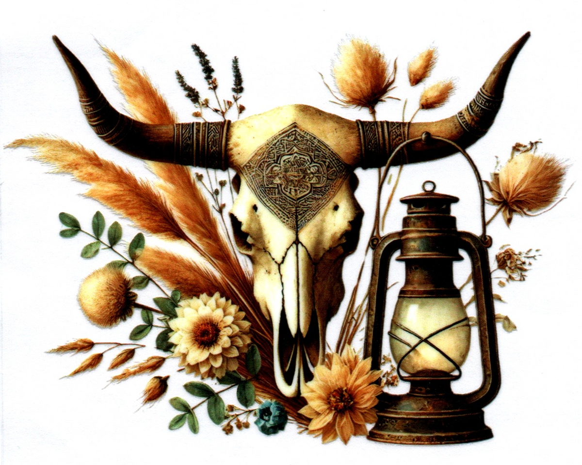 Cow skull with lantern on right side Single Decal 140