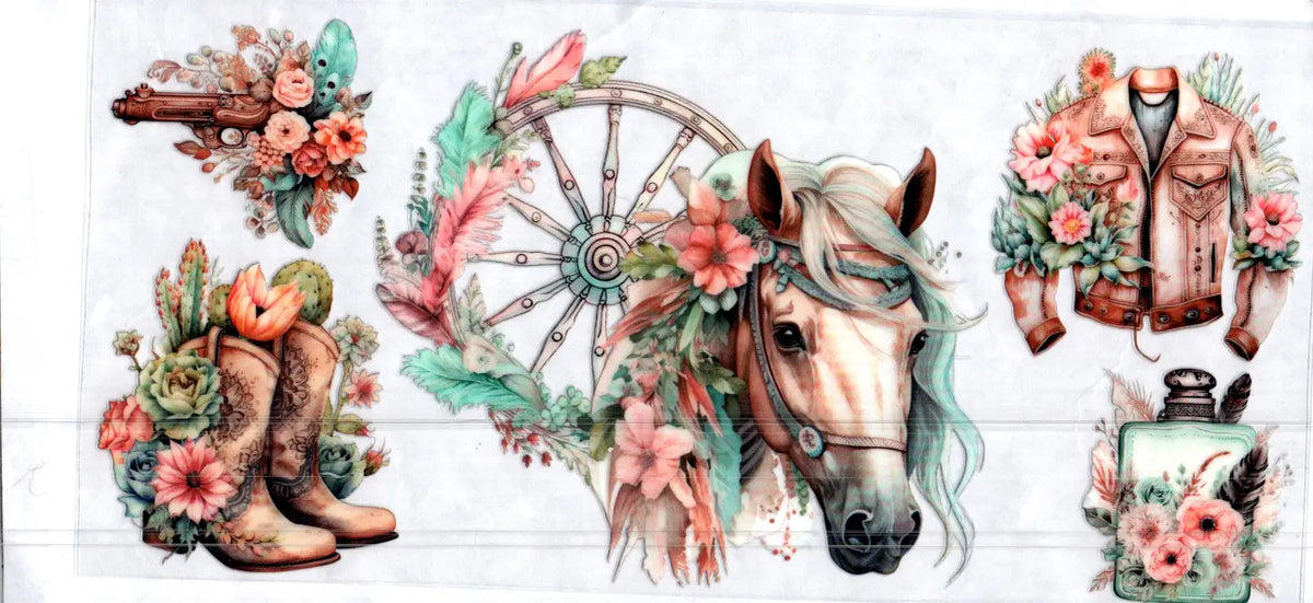 16 oz wagon wheel horse pink& blue feathers misc 143