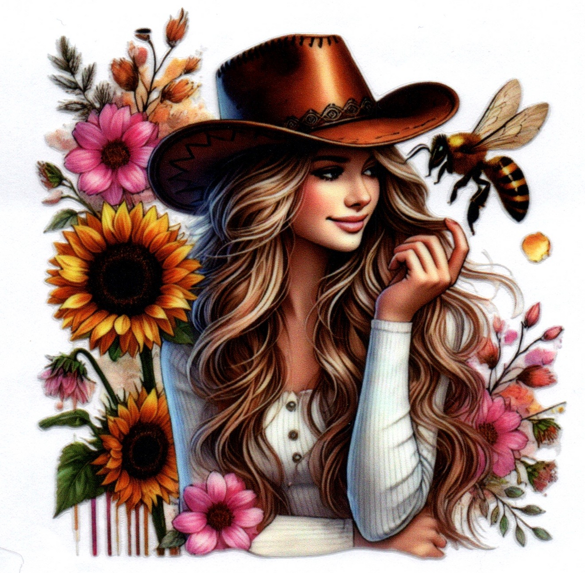 Cowgirl w/bee and sunflowers Single Decal 143