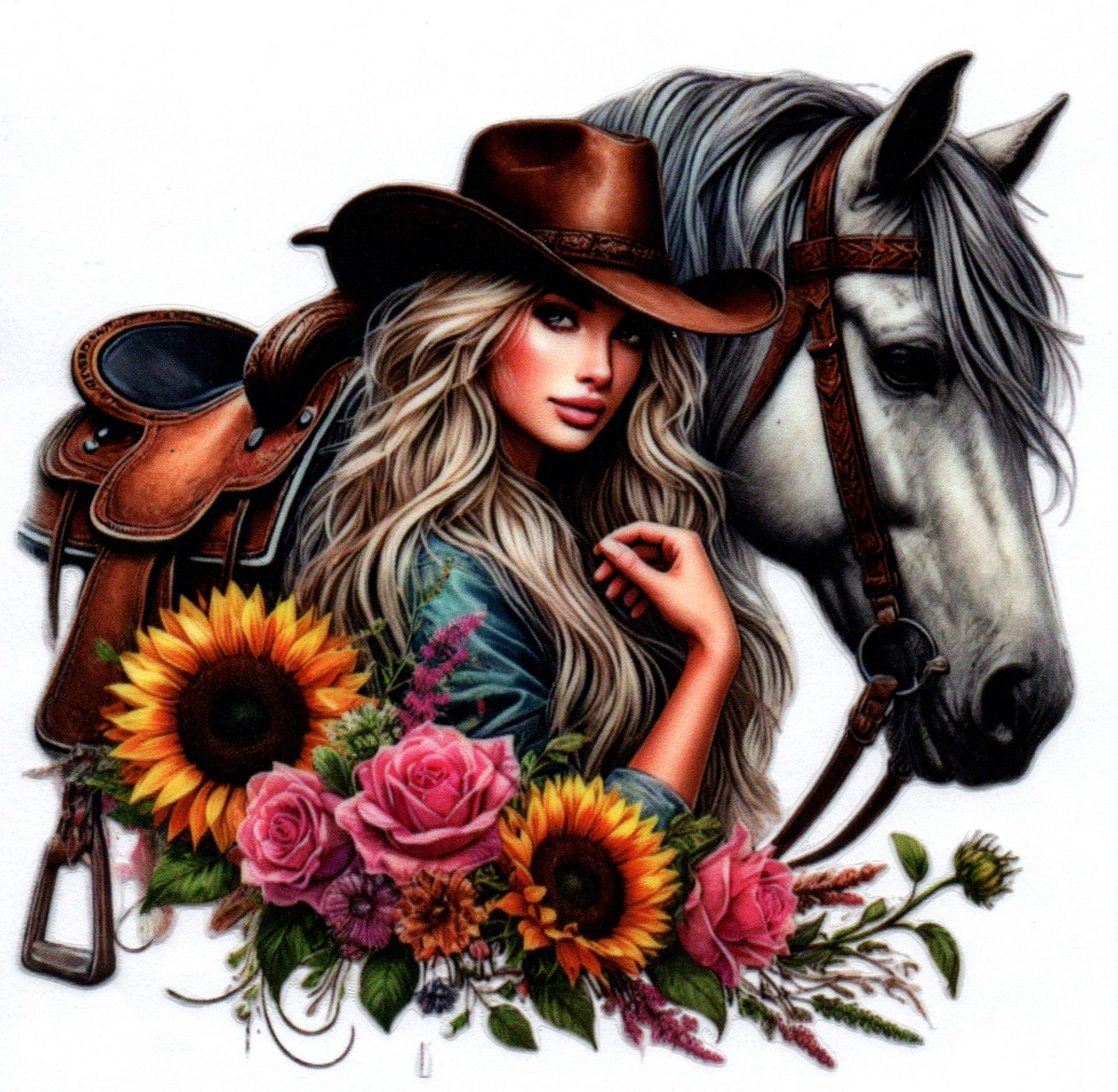 Cowgirl w/Horse and flowers Single Decal 144