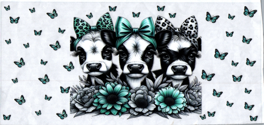 16 oz B&W cows w/teal flowers 145