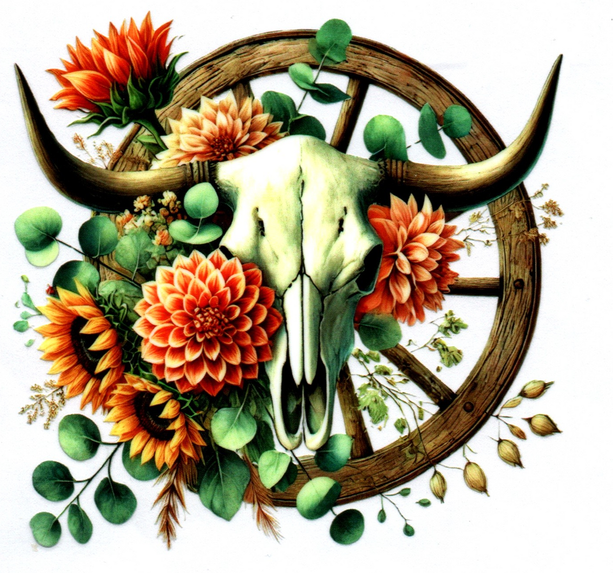 Cow Skull w/old time wheel Single Decal 14
