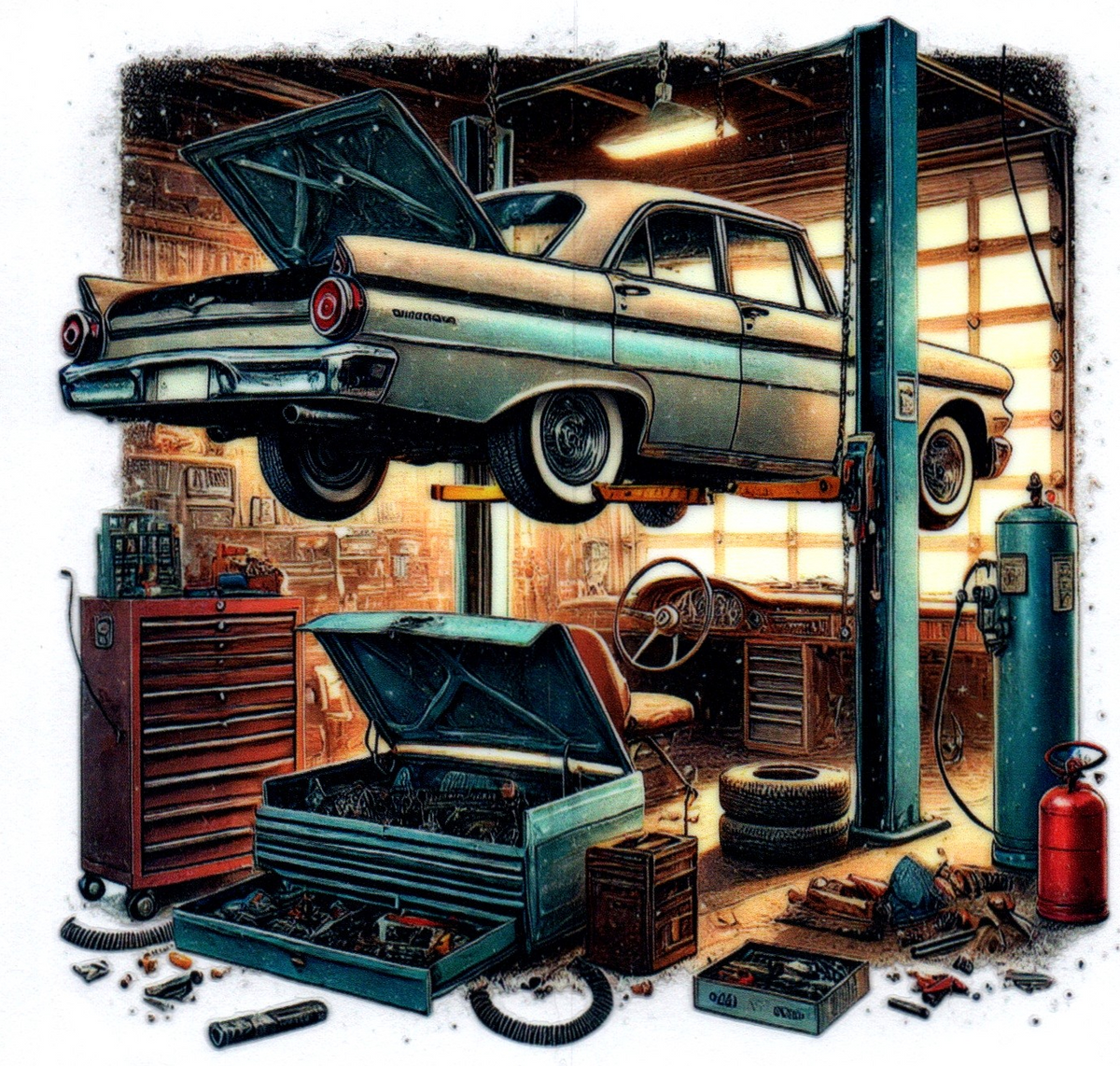 Car on lift w/ toolboxes Single Decal 153