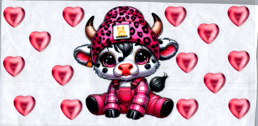 16 oz Pink Cowhartt Cow in overalls pink hearts 158
