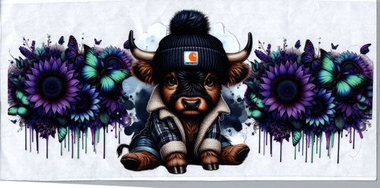 16 oz brown and black cow with purple and blue flowers 164