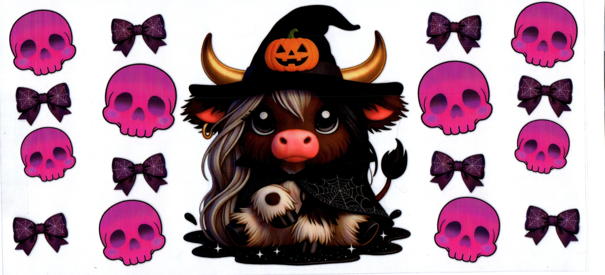 16oz highland cow witch bows & purple half skulls halloween 17