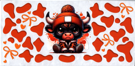 16 oz Black cow in jacket w/orange spots and bows 180