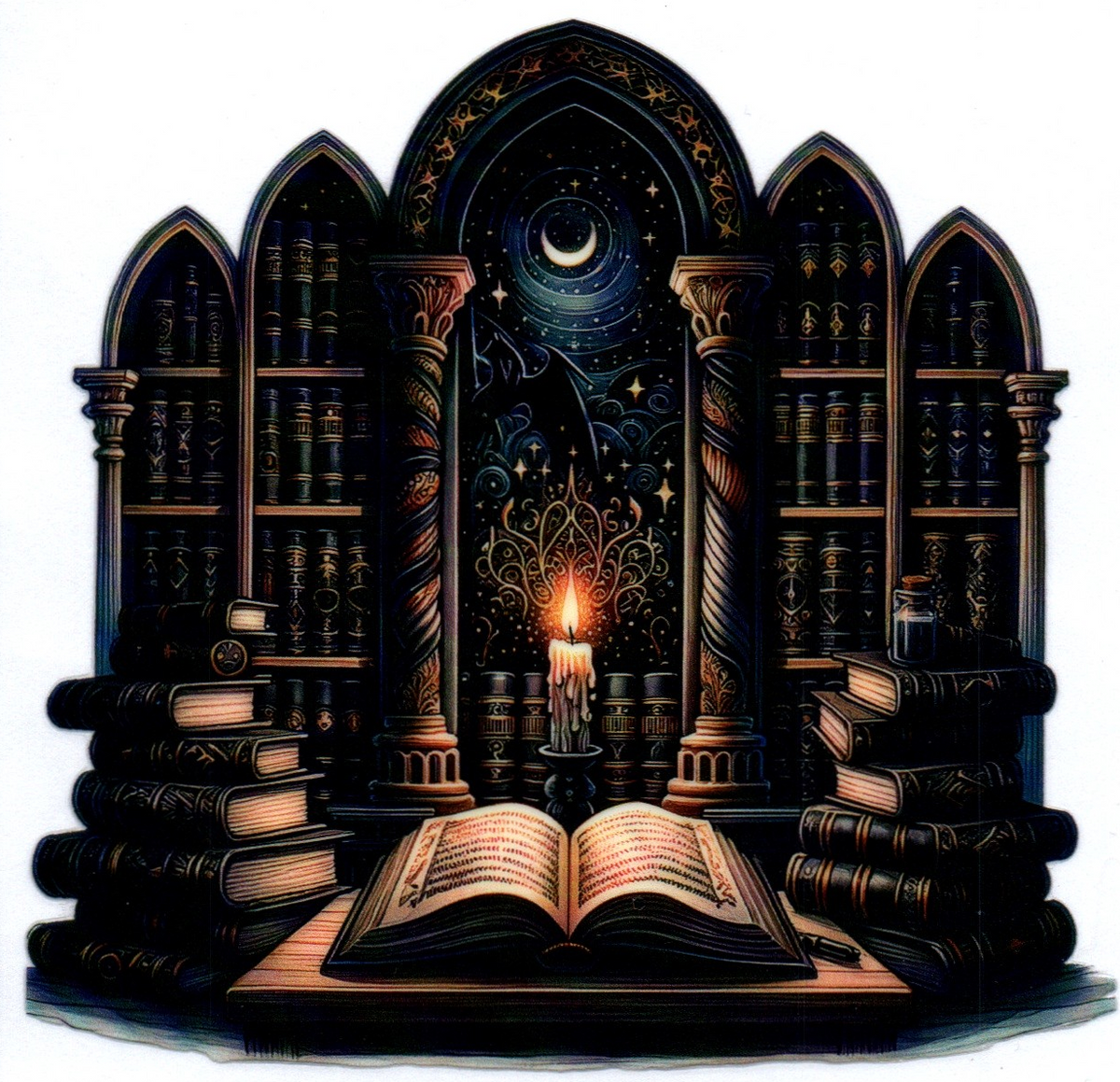 arched book shelves with moon 22