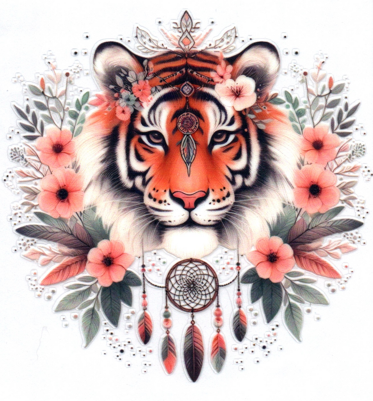 Tiger w/pink flowers & dream catcher Single Decal 25