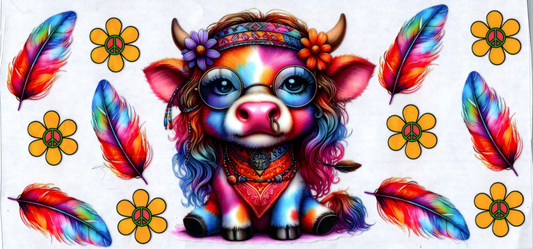 16 oz Hippie cow with rainbow feathers & flowers 27