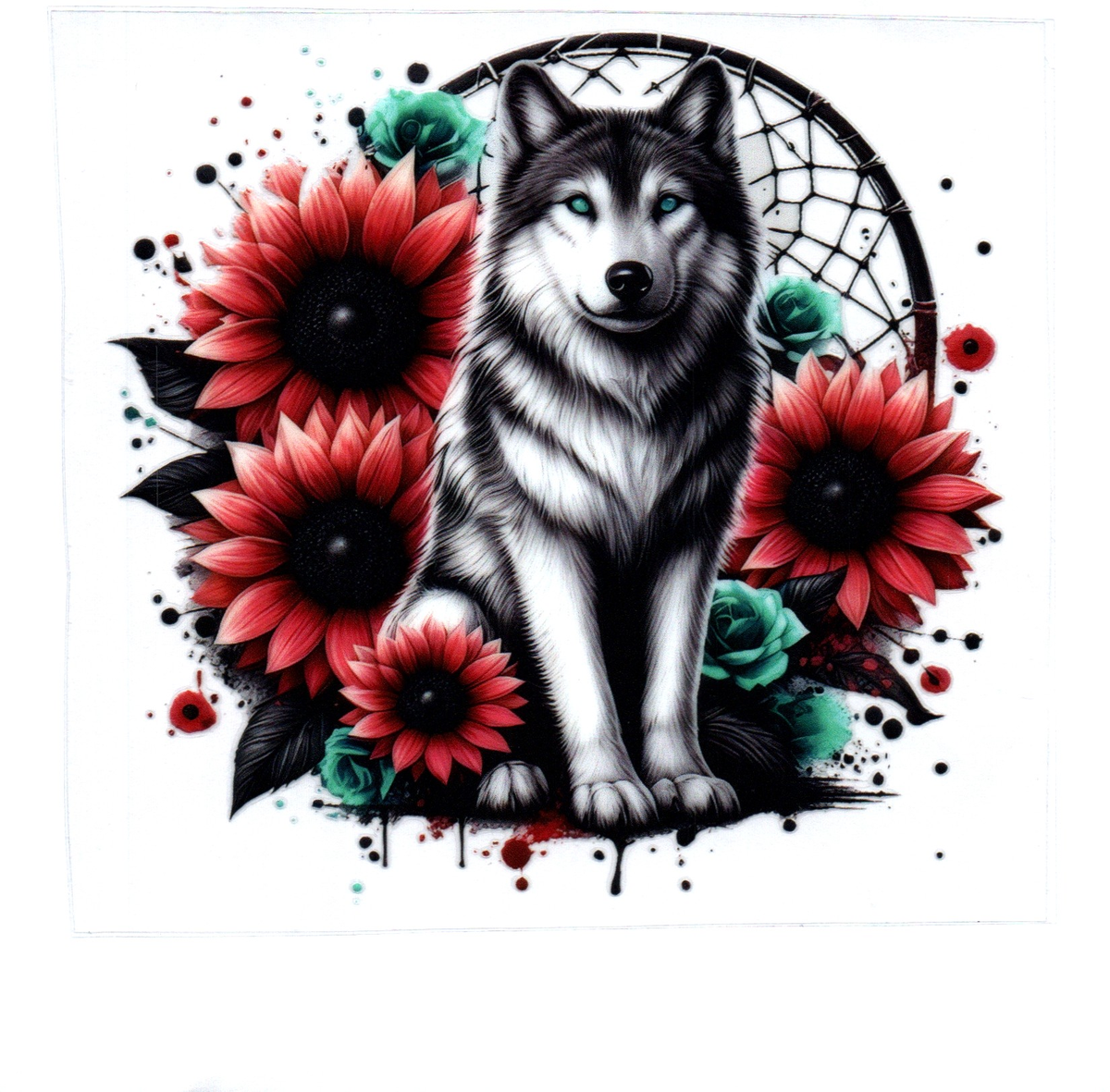 Huskey w/red & teal flowers Single Decal 28