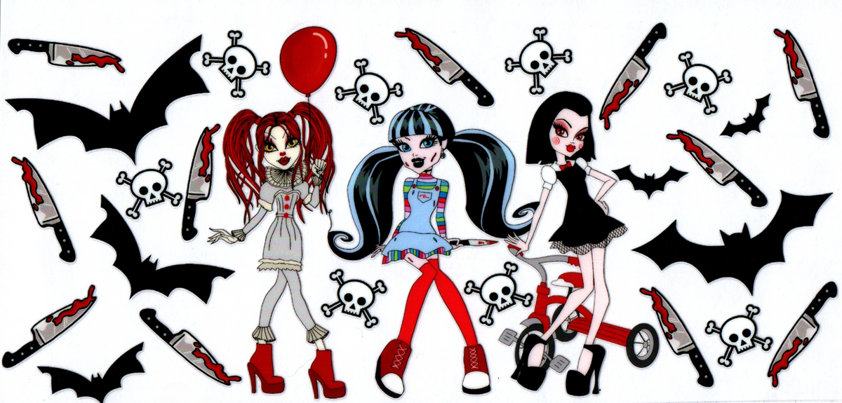 16oz 3 horror girls with black bats & knives Halloween 31