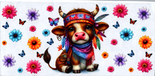 16 oz Hippie cow with horns w/multi colored & butterflies flowers 34