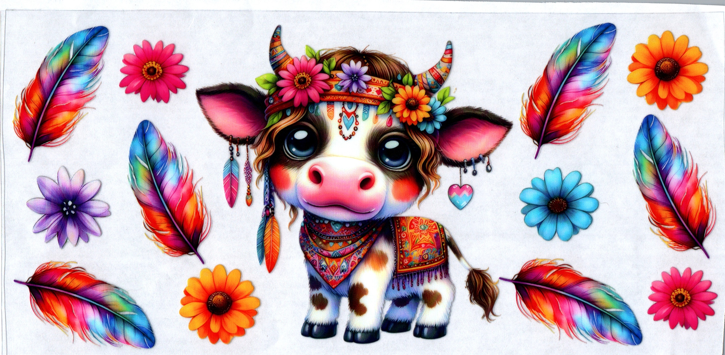 16 oz Hippie cow with horns w/multicolored feathers 35