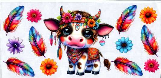 16 oz Hippie cow with horns w/multicolored feathers 35