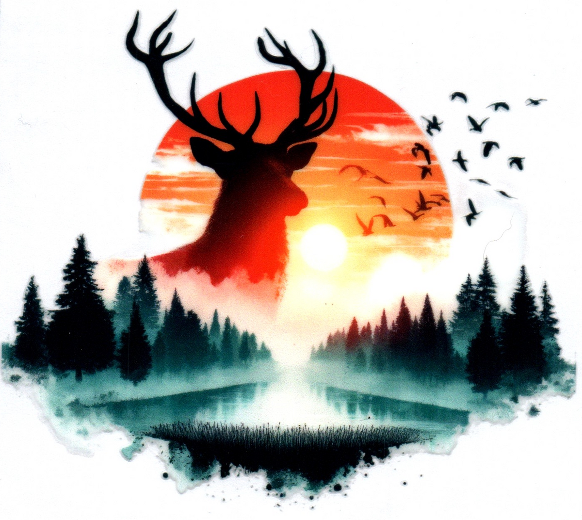 Double Exposed Deer w/tree line Single Decal 35