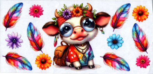 16 oz Hippie cow with horns w/glasses & multicolored feathers 36
