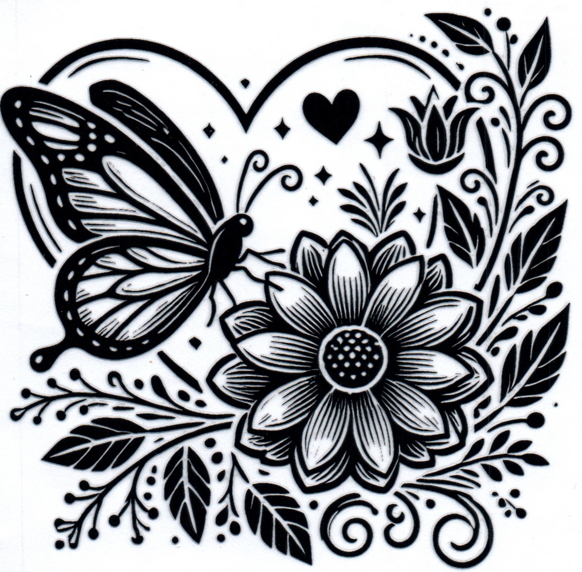 Black outline Heart w/flower & Butterflies 4 Single Decal