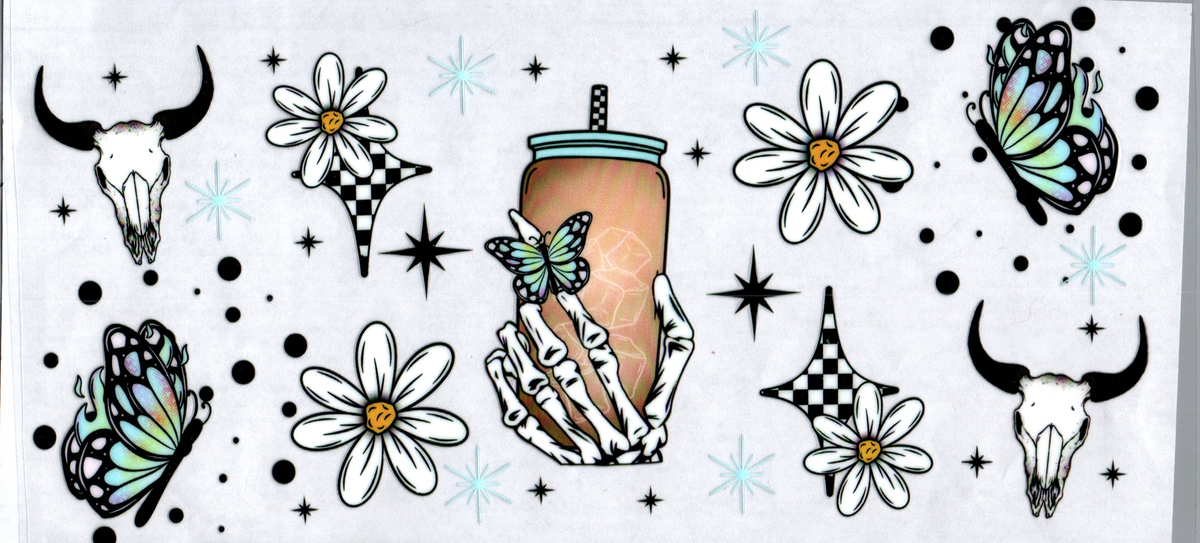 16oz skeleton with glass longhorn skulls and daisies 43