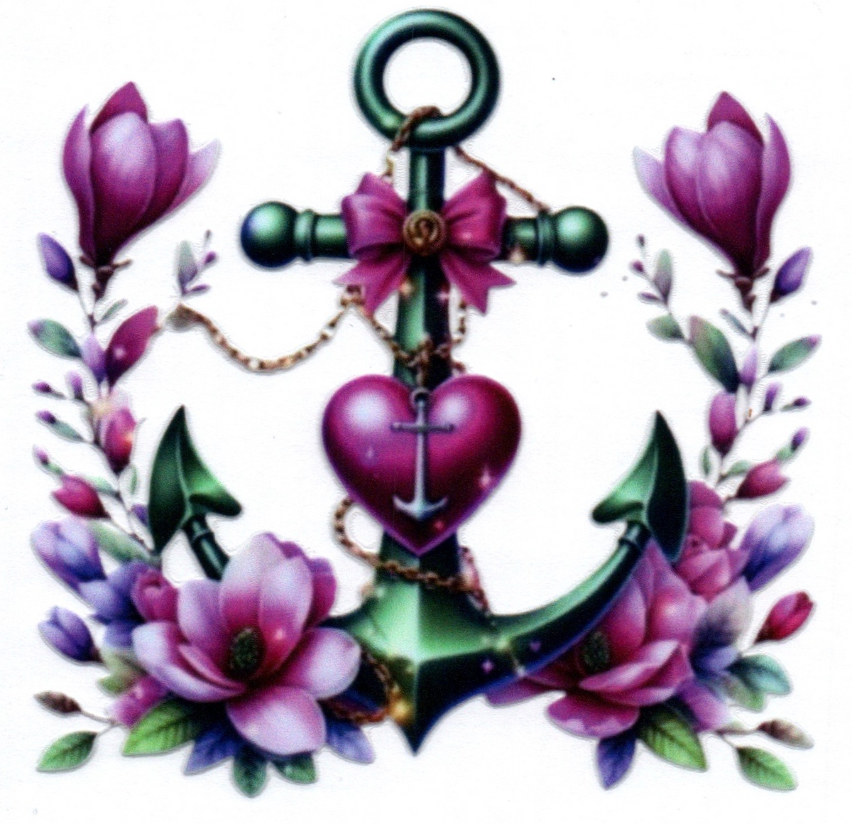 Anchor w/purple flowers & heart Single Decal