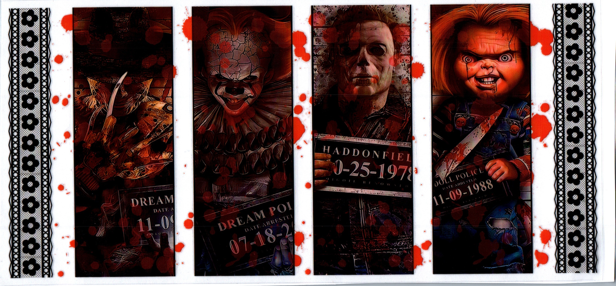 Freddy, IT, Mike, Chucky with blood splash and black lace boards Horror 51