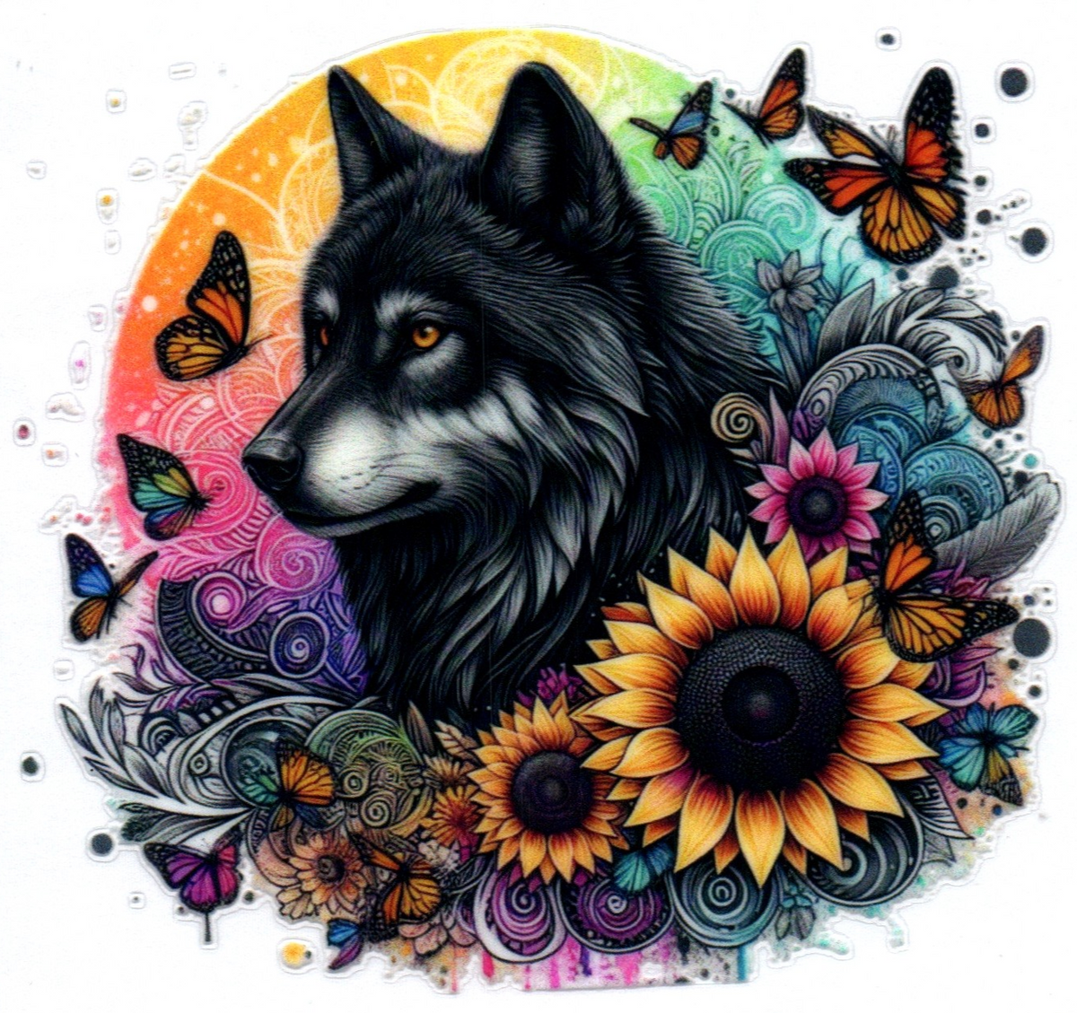 Black Wolf w/sunflower Single Decal 5