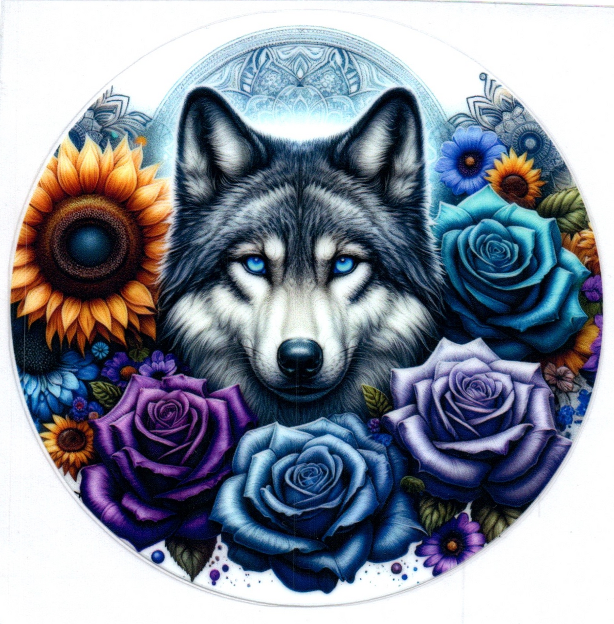 Gray Wolf w/roses Single Decal 6