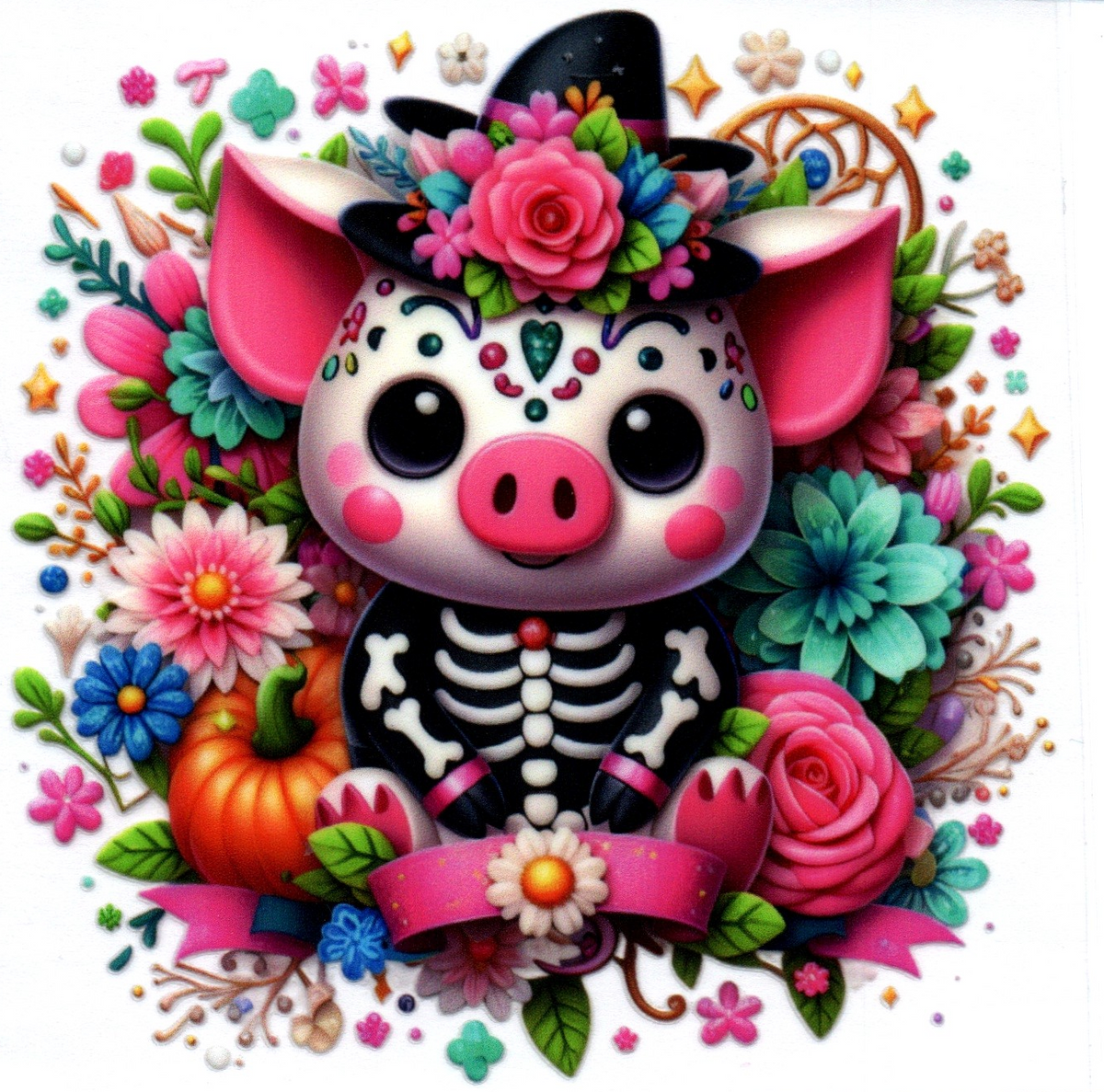 Sugar skull inspired Pig w/flowers Single Decal 65