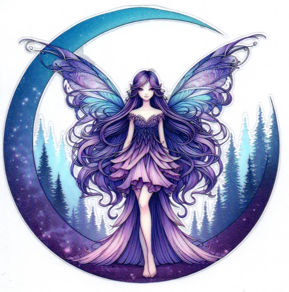 Fairy w/Moon and tree line Single Decal