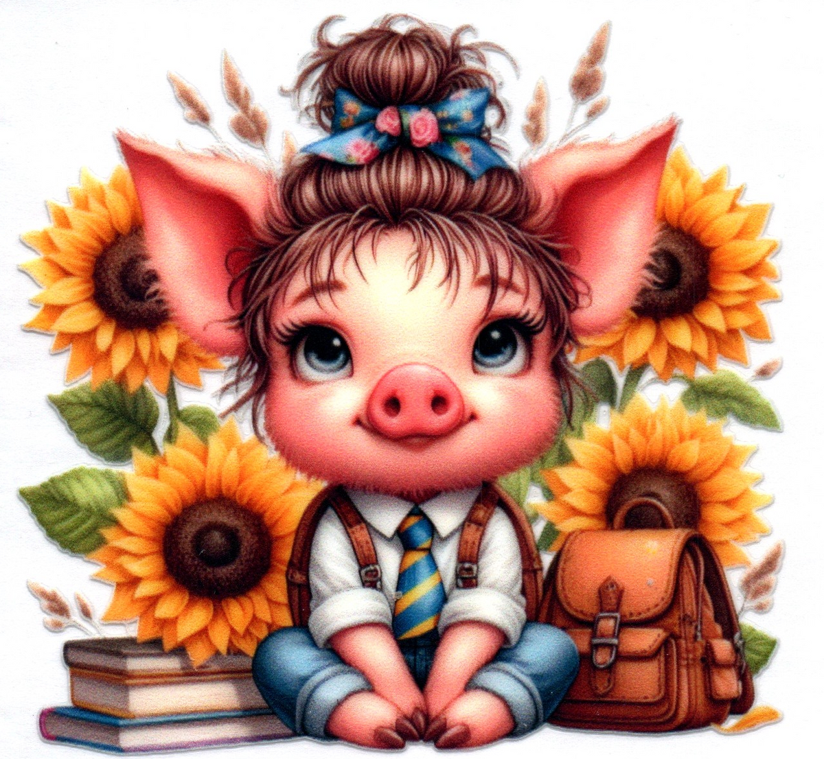 School girl Pig w/sunflowers & blue bow Single Decal 70
