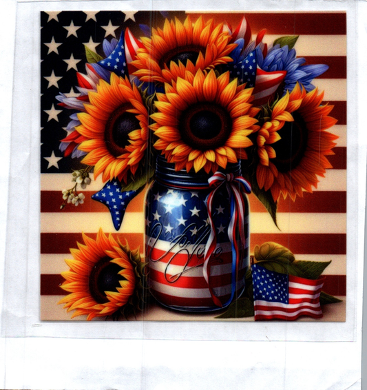 Beautiful Sunflowers w/flag Patriotic Decal