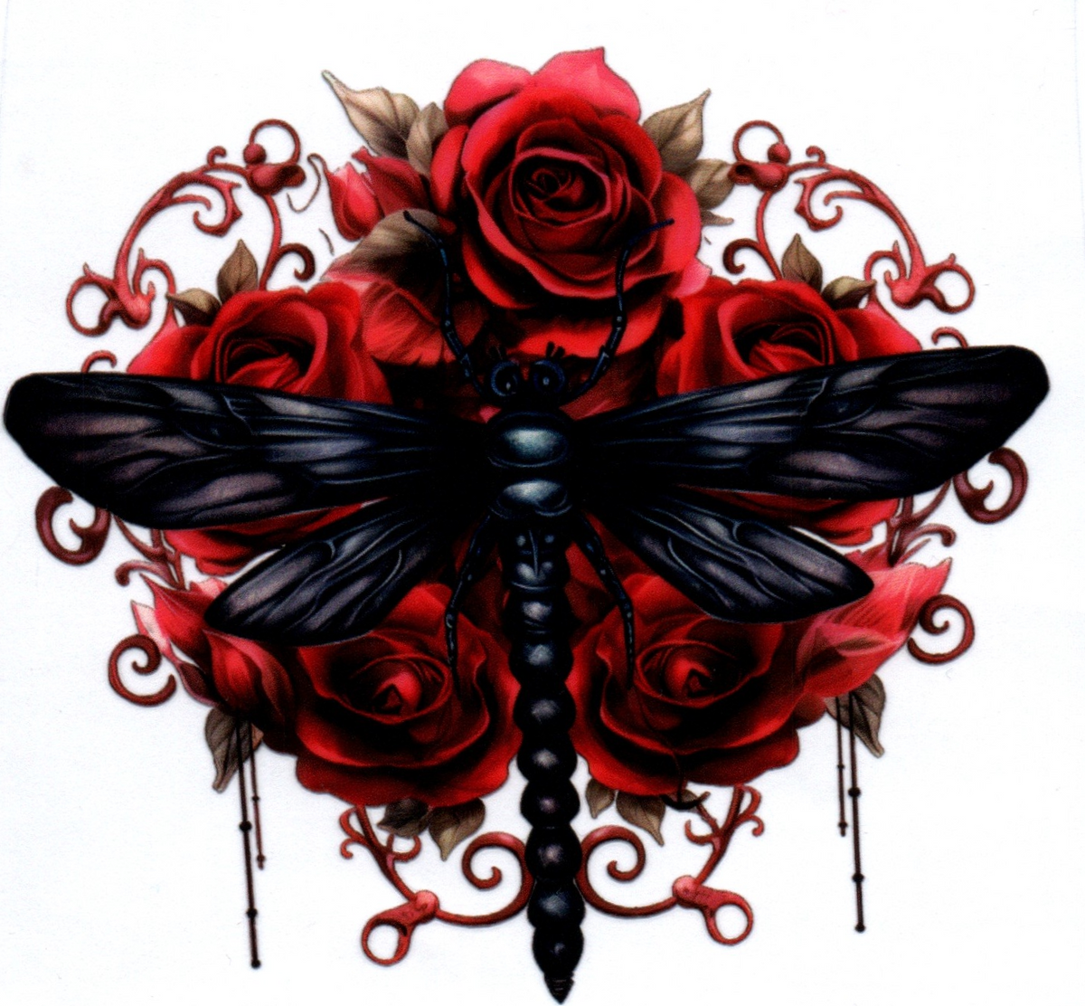 Black Dragonfly w/red roses Single Decal 7